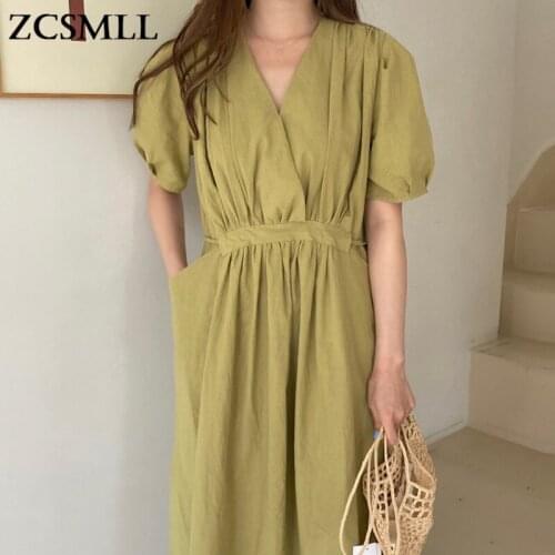 ZCSMLL Korea chic summer vintage V-belt waist slimming dresses solid color puff sleeve cotton and linen vestido female