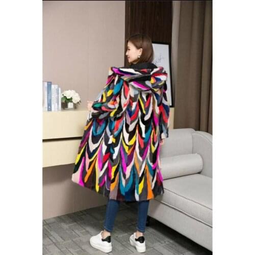Genuine natural mink fur coat with hood women x-long multi-color jacket ladies colorful outwear overcoat