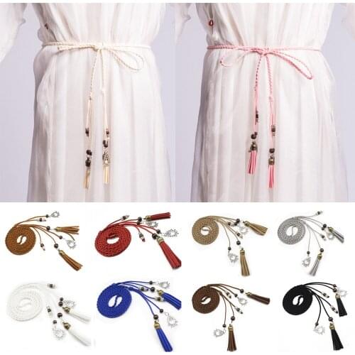 Womens Stylish Thin Belt Ladies Braided Tassel Knot Decor Dress Waistband