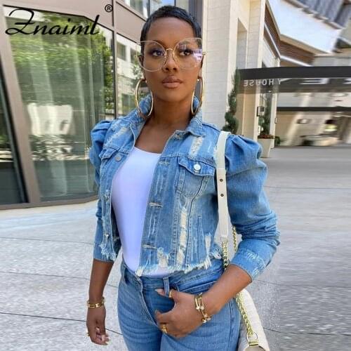 Znaiml Vintage Denim Jacket For Women Sexy Ripped Jacket Casual Short Jean Jacket Puff Sleeve Spring Fall Streetwear Female Coat