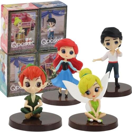 4pcs Q Posket Princess Figures Tinkerbell Ariel Little Mermaid Peter Pan Prince Eric Petit Fantastict Time Model Toys