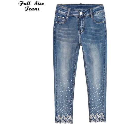 Plus Size Korean Embroidery Beading Stretch Jeans 4XL 5XL Summer Hight Waist Calf Length Denim Pencil Pants Indie AestheticXS