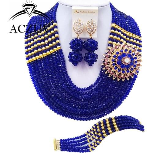 ACZUV 10 Rows Royal Blue African Beads Jewelry Set for Brides Bridesmaids Nigerian Wedding Bridal Jewelry Sets 10LBJZ002