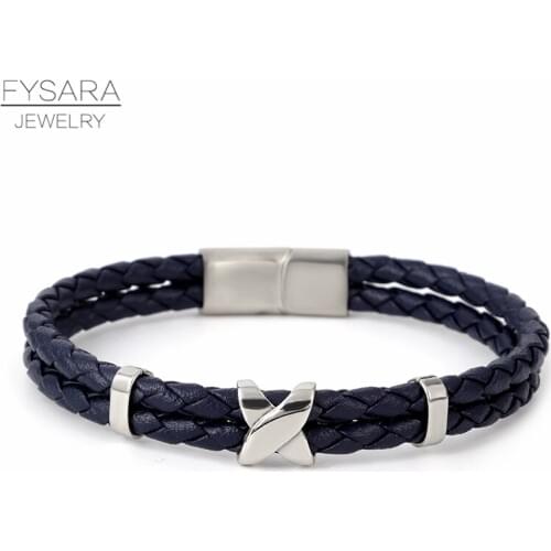 FYSARA Stainless Steel Metal Magnet Buckle X Bracelet Bangle For Women Men Blue Red Black Browm Leather Bracelet