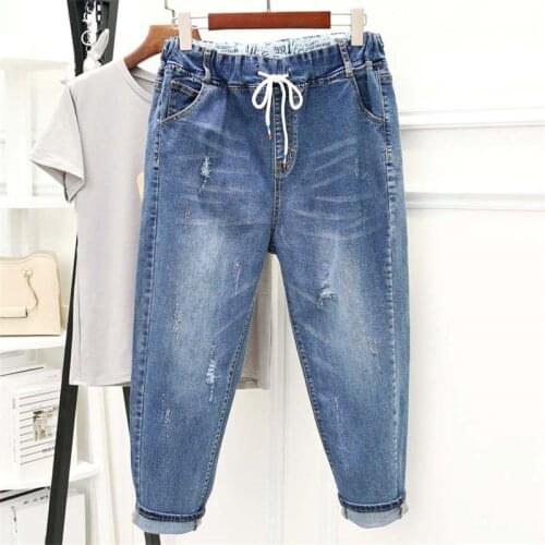 Spring Summer Jeans Woman High Waist Loose Plus Size Pocket Vintage Hole Ankle-Length Denim Harem Pant 5XL Women Clothing AH175