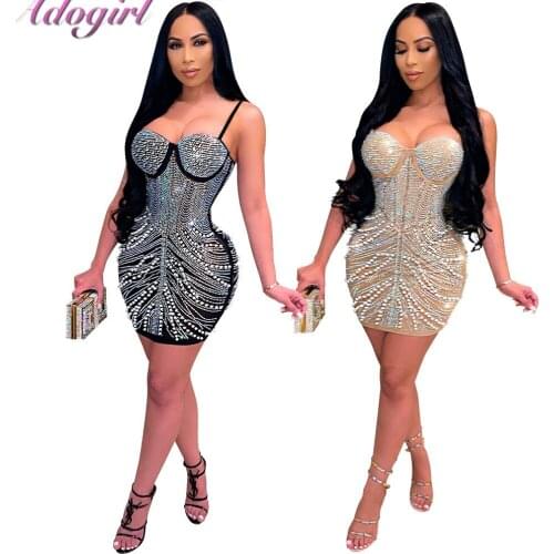 Elegant Pearl Diamond Strapless V Neck Evening Mini Dress Women Sexy Shher Mesh See Through Backless Party Club Dresses Vestidos