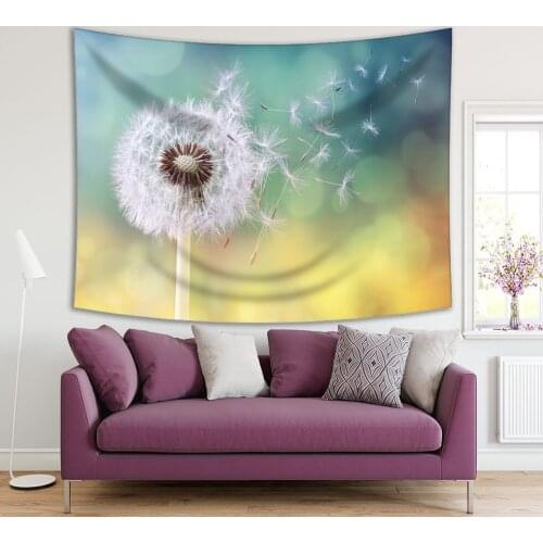 Tapestry Dandelion Seeds in Morning Sunlight Blowing Away in Wind Summer Wild Flowers Nature Meadow Photo Green Yellow White