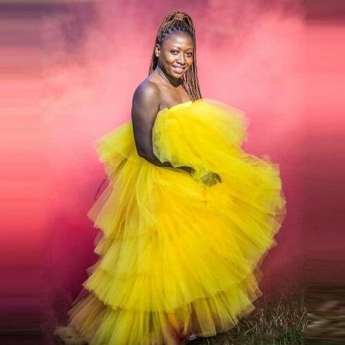 Hot sale Yellow Strapless Evening Party Dresses Chic Puffy Ruffle Formal Gown Layered Women Long Skirt Custom Made