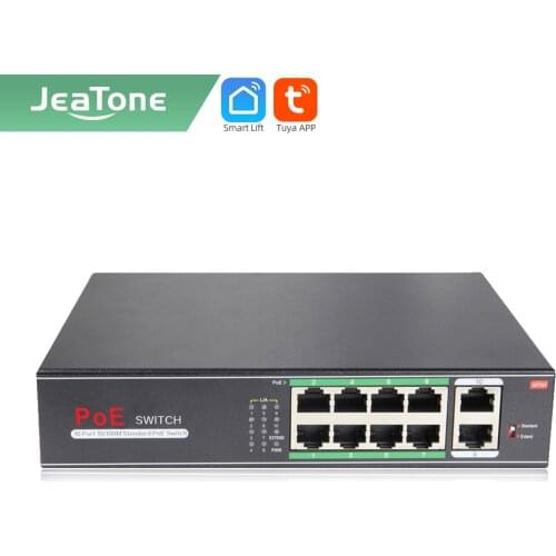 Jeatone 250m 10-port Extend Ethernet Splitter Switch with 8-Ports PoE+2-Uplink 10/100Mbps for IP camera/ Video intercom system