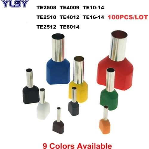 100Pcs Dual Wire Tube Insutated Cord End Crimp Termina TE2508~16-14 Electric Double Terminals Cable Copper Ferrules 2.5~16mm²