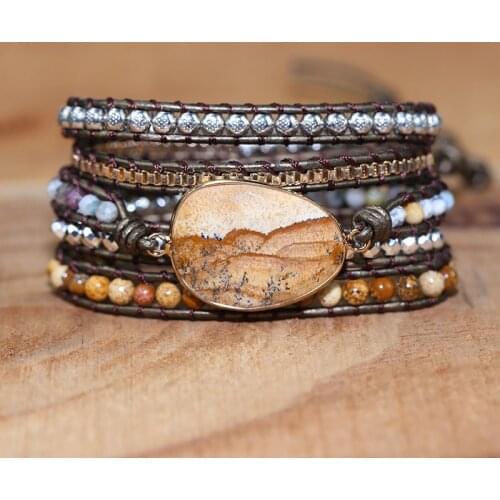 2021 New Picture Stone Hand Woven Multilayer Leather Bracelet DIY Creative Retro Lovers Natural Stone Bracelet Office Bracelet