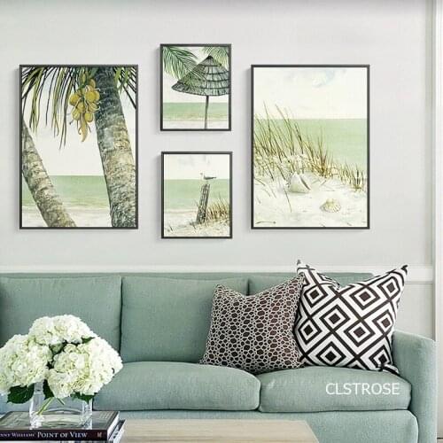 Cartoon Mint Green Seaside Scenes Nordic Modern Style Posters Art Canvas Pictures For Living Room Bedroom Deco Painting Unframed