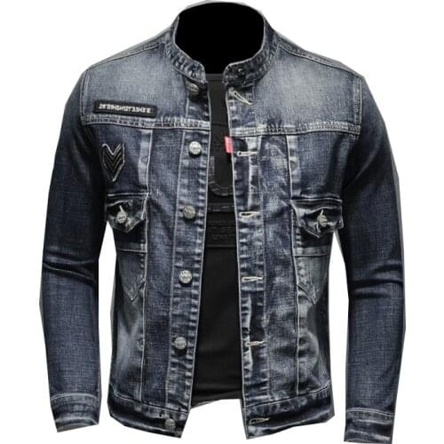 Mens long-sleeved denim jacket new high-quality stand-up collar single-breasted slim fit style 2021 spring and autumn