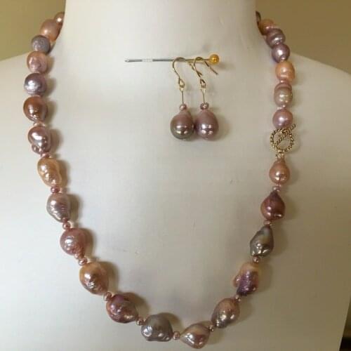 Natural Multi-Purple Kasumi Freshwater Baroque pearl necklace 46cm+Earrings AA