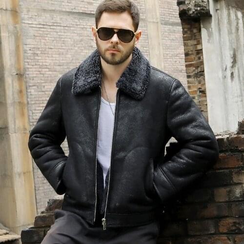 New Mens B3 Shearling Jacket Short Fur Coat Black Leather Jacket Thicken Sheepskin Coat Mens Winter Coats