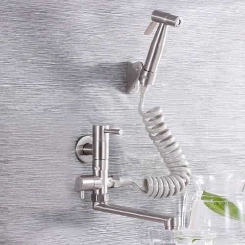 Single cold water kitchen faucet wall mount sink mixer has water sprayer