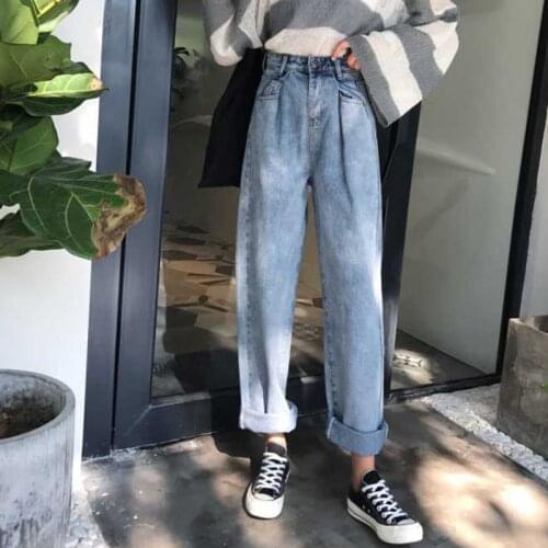 Wholesale 2020 Fashion Denim High waist jeans women autumn Korean loose thin wide-leg trousers large size fat harem baggy pants
