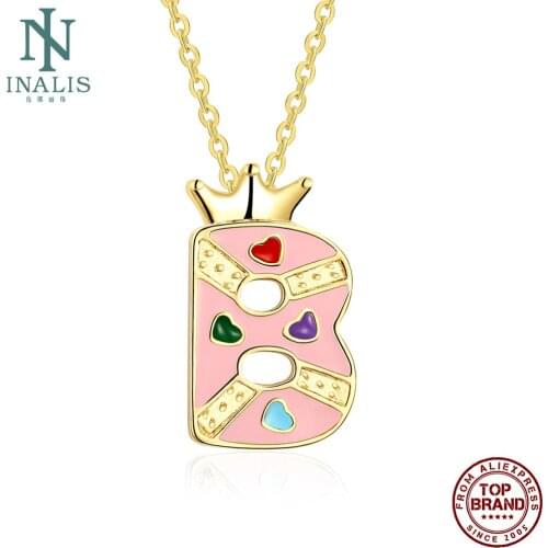 INALIS Pink Letters Series Necklace For Women Trendy Gold Plated Pendent Jewelry Cute Crown Letter B Heart Necklace Girl Gifts