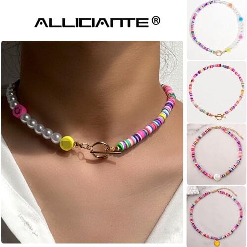 Boho Rainbow Smiley Face Pearl Asymmetry Beaded Necklace For Women Soft Pottery Choker Colorful Surfer Bead Collar Y2K Jewelry
