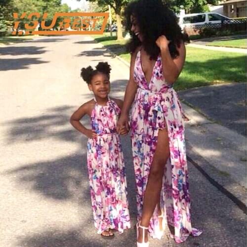 Family Look Mother Daughter Dresses Family Matching Outfits Floral Print V-neck Baby Girl Mother Clothing Mommy and Me Sundress
