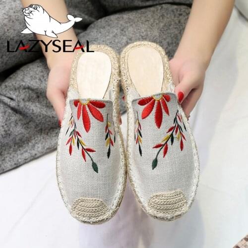 LazySeal Embroider Hemp Flat Half Slippers Slip On Casual Canvas Slides Sewing Ladies Female Fashion Flowers Shoes Footwear