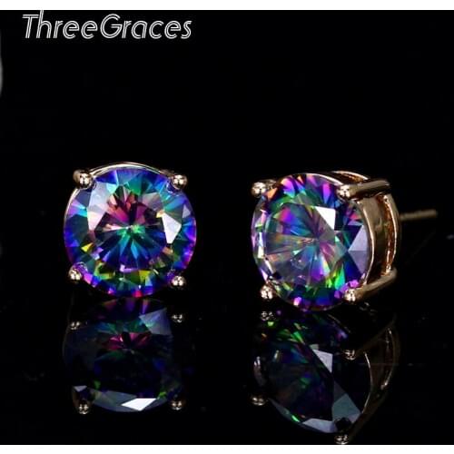 ThreeGraces Fashion Ear Stud Earrings Gold Color Dark Blue Mystic Cubic Zircon Crystal Pricess Cut Ladies Daily Jewelry ER121