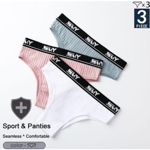 QIWN Women Sexy Panties Cotton Set Plus Size 3Pcs/Set Soft Seamlee Letter Belt Sport Underwear Low Rise T-Back Thongs Lingerie
