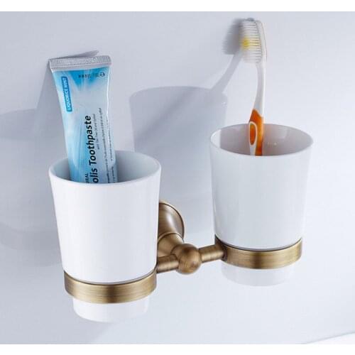 Bathroom Lavatory Double Ceramic Tumbler With Holder Wall Mount, Antique Bronze Finish, Solid Brass Material