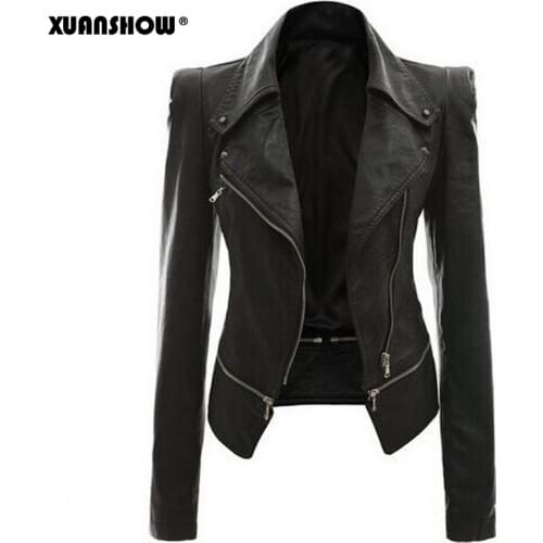XUANSHOW 2019 Autumn Winter Women PU Leather Jacket Long Sleeve Rivet Pocket Women Motorcycle Jacket Coat Zipper PU Clothes Tops