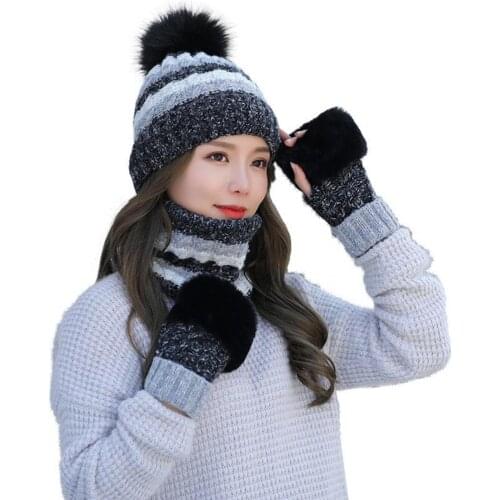 Three-piece Female Autumn And Winter Hat Scarf Gloves Knitted Warm Muffler Winter Soft Mittens Cap Women Fashion Knitted Hat