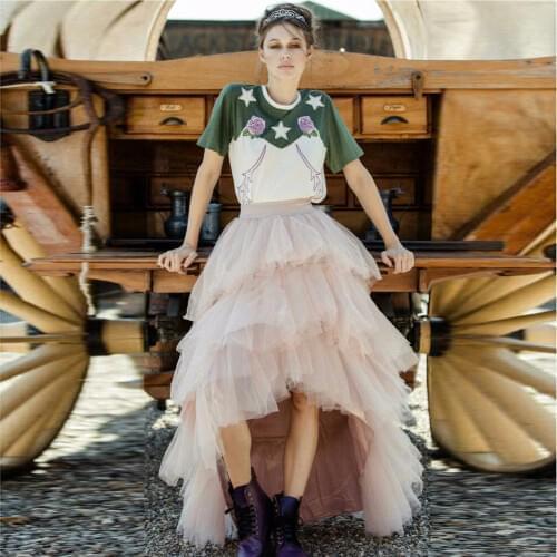Dusty Pink Tiered High Low Women Tulle Skirts High Quality Floor Length Tutu Skit Asymmetrical Custom Made Clothing Saia 2017