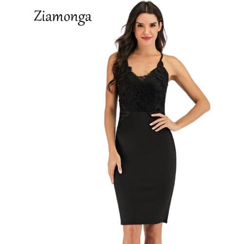 Ziamonga 2020 Summer Elegant Embroidery Lace Dress Sleeveless Knee Length Slim Dress Women Bodycon Work Party Dress Office Lady