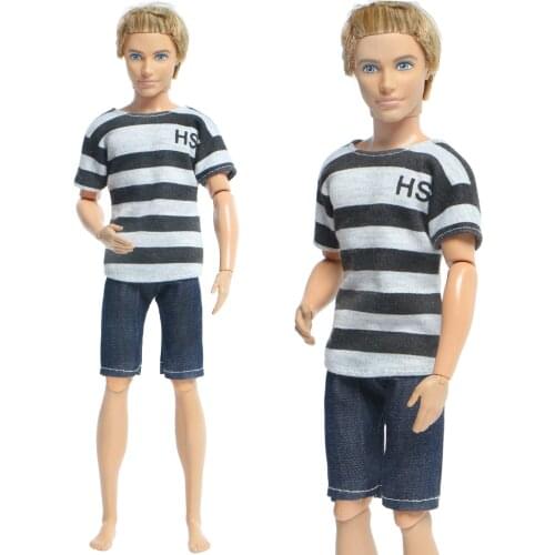Handmade 1 Set Men Casual Outfits Daily Wear Black White Stripe T-shirt Tops Shorts Pants Jeans Clothes for Barbie Doll Ken Toy