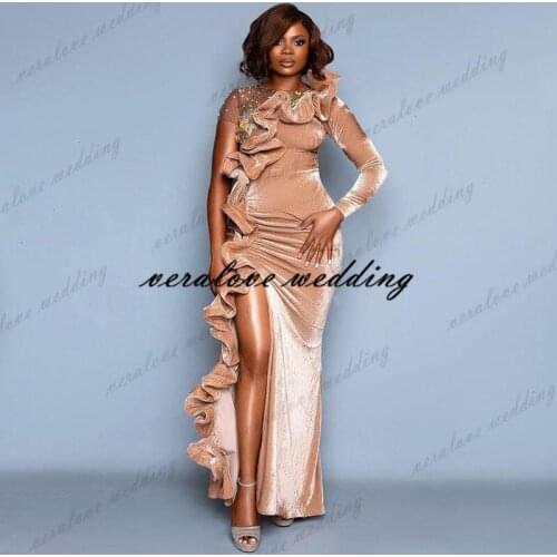 2021 Pink Velvet Prom Dress Mermaid High Split Long Sleeves Arabic Aso Ebi Evening Gowns Informal Reception Party Gowns