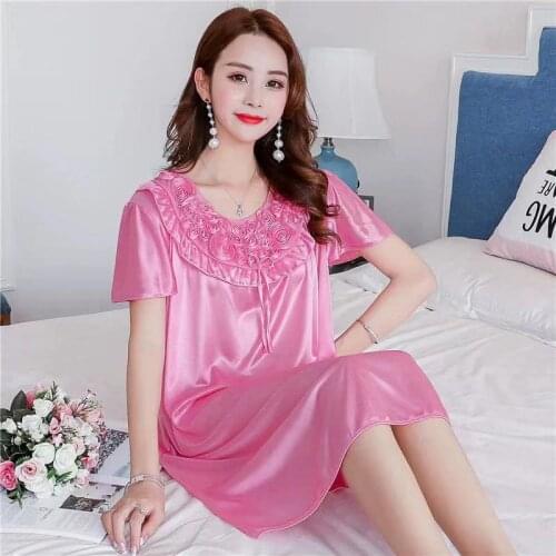 2021Spring and Summer Ice Silk Nightdress Feminine Short-sleeved Lace Nightdress Womens Nightgown Sleepwear Sleep Wear