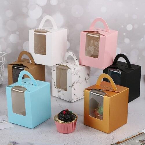 500 x Colorful Single Paper Cupcake Boxes with PVC Display Window 7 Colors Portable Muffin Pudding Carrier for Wedding Party