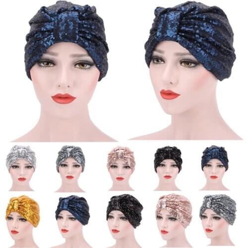 Shining Beanie Lady Sequin Muslim Hat Hijab Head Scarf Turban Elastic Night Cap Bonnet Hats Reusable Women Headband Headdress