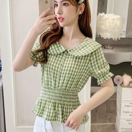 Womens Spring Summer Style Cotton Blouses Shirt Womens Peter pan Collar Short Sleeve Button Striped Korean Tops SP060