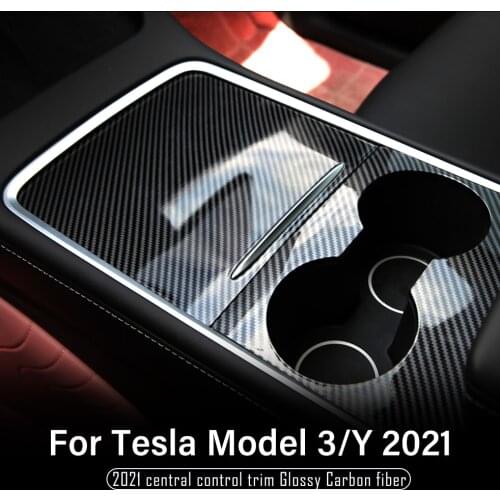 Model3 Car Central Control Panel Protective Carbon fiber For Tesla Model Y 2021 Accessories Carbon Fiber Bright Black ABS Three