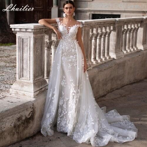 Lhuilier Elegant Lace Appliques Mermaid Wedding Dresses 2020 Short Sleeves Detachable Train Tulle V-Back Bridal Dress