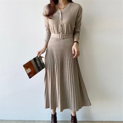 Elegant Pleated Dresses for Women Autumn Winter Sweater Dress Korean V-neck Button Fit and Flare Long Vestidos with Belt 2021