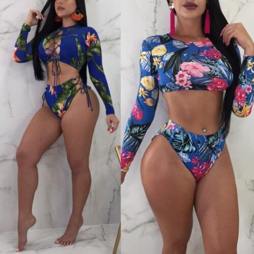 Hirigin Women Summer Floral Bikini Set Long Sleeve Push-up Swimsuit Print O-Neck top High Waist Bandage Bottom Beachwear Outfit