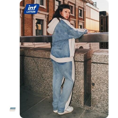 INFLATION Streetwear Denim Patchwork Straight Pant Men Trousers 2021 Trendy Fleece Sweatpant Men High Street Hip Hop Pant 13061W