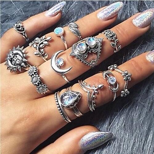 14 Pcs / Set Bohemian Retro Water Drop Flower Sunflower Moon Sun Ring Hollow Carved Crystal Ring Set for Women Fashion Jewelry