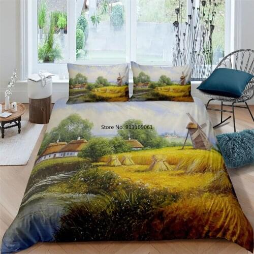 Golden Wheat Fields Landscape Oil Painting Bedding Set Duvet Cover Print Home Textiles 2/3pcs with Pillowcase Bedding Sets