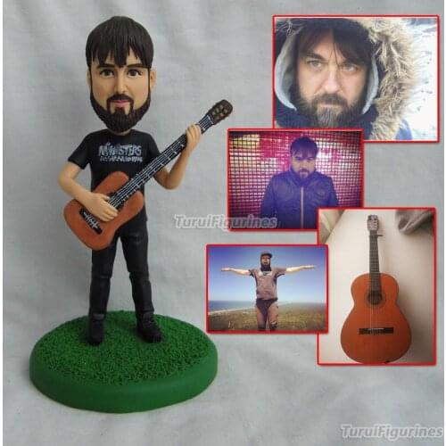 Polymer clay doll Custom guitar player miniature Bride and Groom wedding cake topper with dog plastic happy birthday cake topper