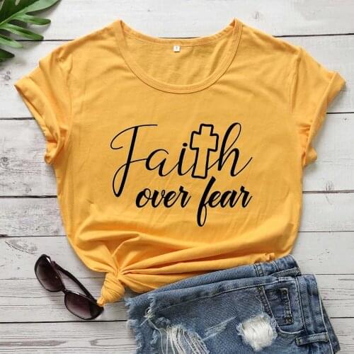 Faith over fear women fashion religion pure casual t shirt Christianity cross graphic cute vintage tees vintage girl tops- L363