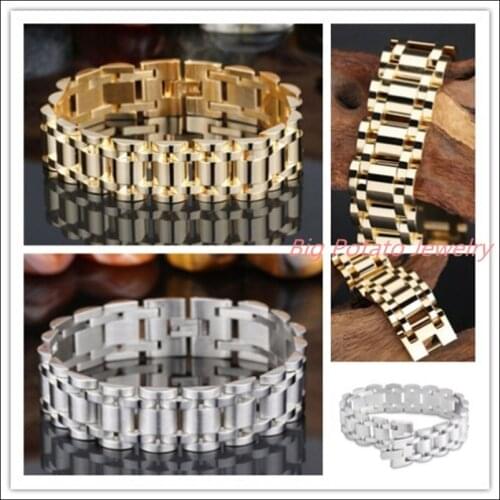 8.66"*17mm 62g Mens Biker Jewelry Cool 316L Stainless Steel Silver&Gold Color Chain Link Bracelet Bangle Husband Boyfriend Gift