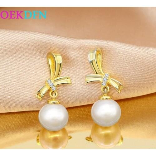 OEKDFN Real 925 Sterling Silver Drop Earrings For Women Natural Pearl Bowknot Party Bride Wedding Fine Jewelry Dangle Earrings