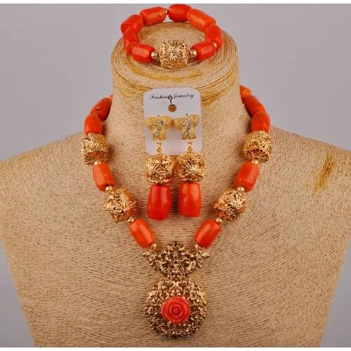 Orange Coral Beads Nigerian Wedding African Jewelry Set Women Necklace Set